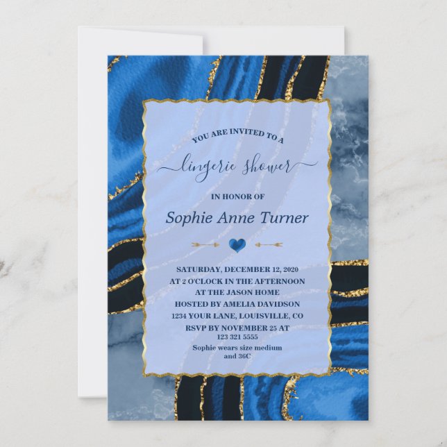 Unique Navy Blue Agate Gold Marble Lingerie Shower Invitation (Front)