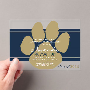 Unique Navy Blue & Bronze Gold Graduation Pawprint Acrylic Invitations