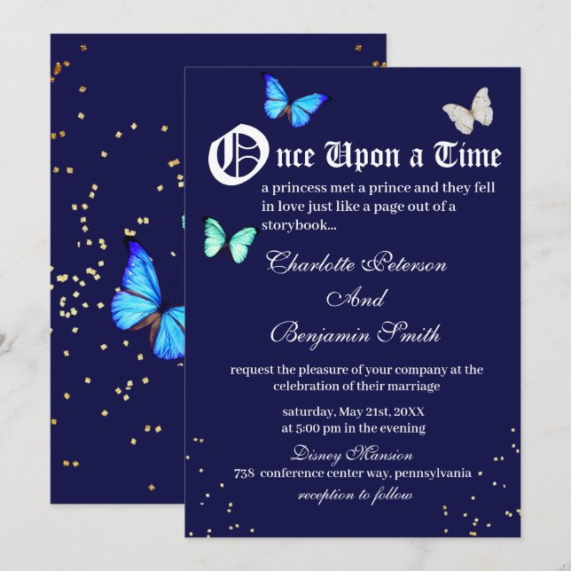 Unique Navy Blue Butterfly Fairytale Wedding Invitation (Front/Back)