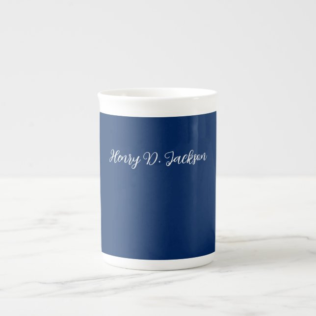 Unique Navy Blue Classical Handwriting Plain Bone China Mug (Front)