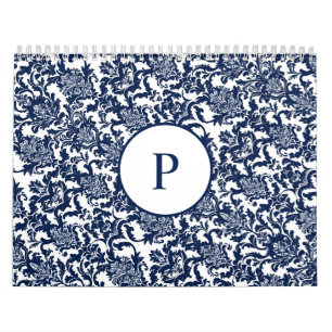 Unique Navy Blue Damask Pattern Calendar