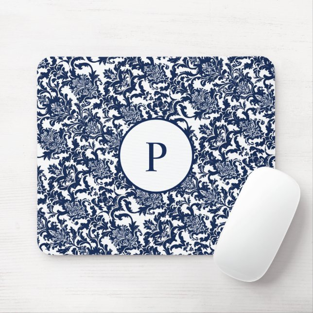 Unique Navy Blue Damask Pattern Mouse Mat (With Mouse)