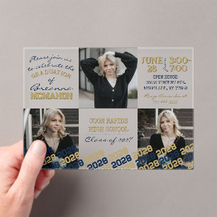 Unique Navy Blue & Gold Graduation 3 Photo Frosted Acrylic Invitations