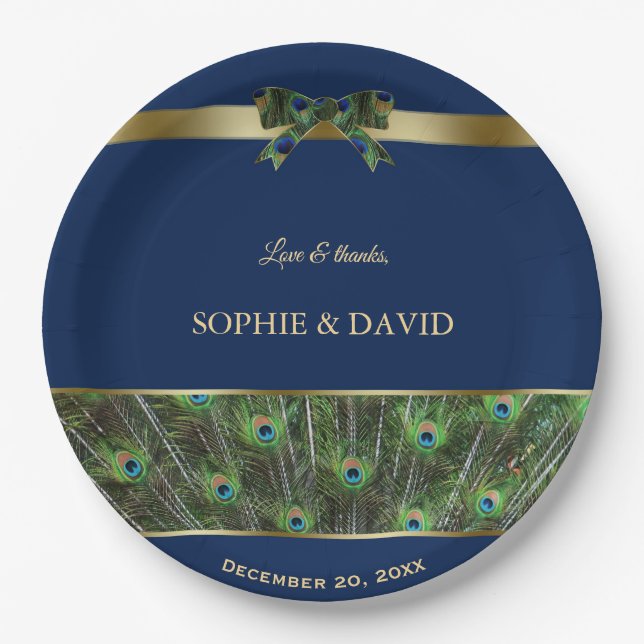 Unique Navy Blue Gold Peacock Feathers Wedding Paper Plate (Front)