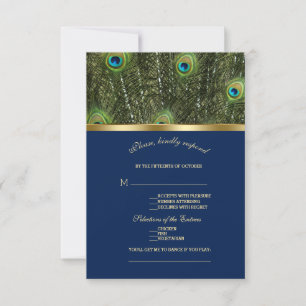 Unique Navy Blue Gold Peacock Feathers Wedding RSVP Card