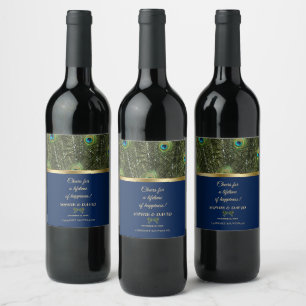 Unique Navy Blue Gold Peacock Feathers Wedding Wine Label