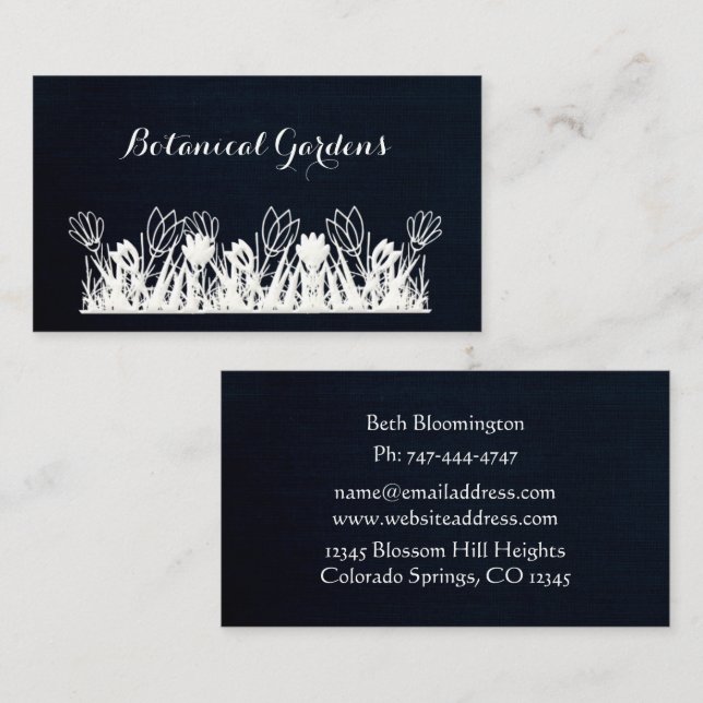 Unique Navy Blue Linen Look Floral Business Card (Front/Back)