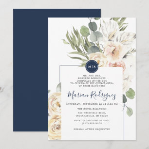 Unique Navy Floral Eucalyptus Monogram Quinceañera Invitation