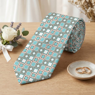 Unique Neck Tie With Brown Aqua Blue Retro Art