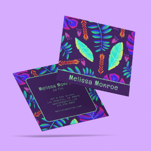Unique Neon Leaves Purple Typography Script  Square Business Card