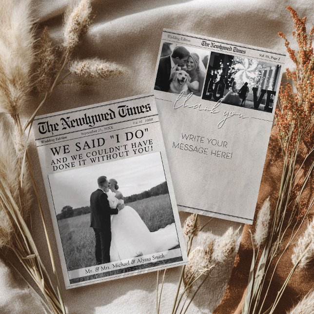 Unique Newspaper Newlywed Wedding Multi Photo Thank You Card (Newspaper theme elegant multi-photo wedding thank you card with space to write your personal message)