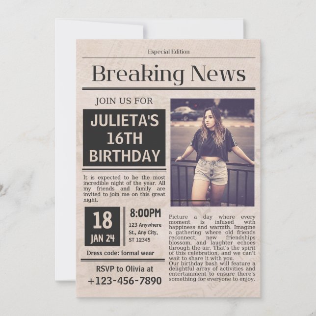 Unique Newspaper Style Birthday Invitation (Front)