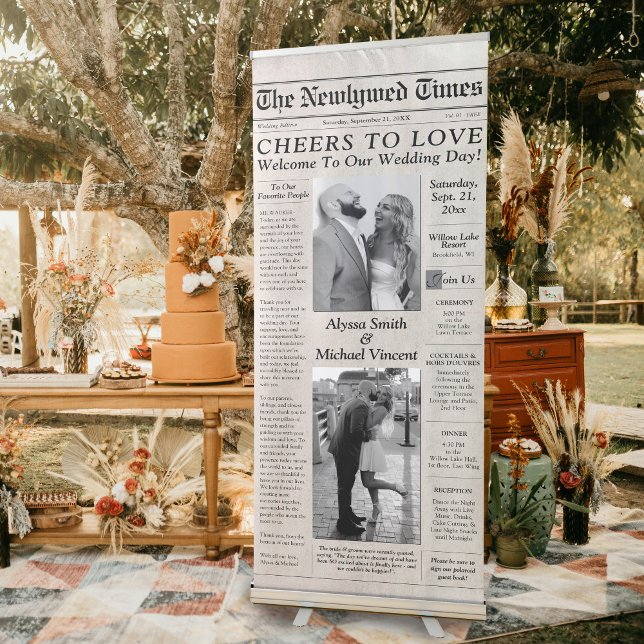 Unique Newspaper Theme Photo Wedding Welcome Retractable Banner (The Newlywed Times Cheers to Love Newspaper theme black and white photo wedding welcome banner sign)