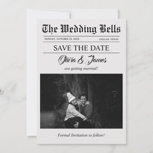 Unique Newspaper Wedding Photo Save the Date Card  (Front)