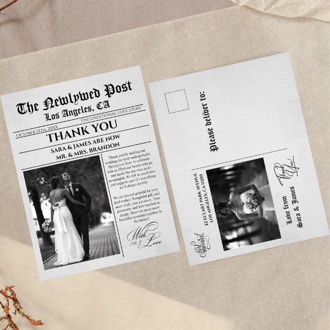 Unique Newspaper Wedding Thank You Postcard (Creator Uploaded)
