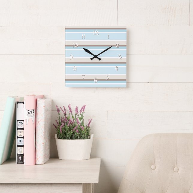 Unique Ocean Blue Beige White Stripe Art Square Wall Clock (Reading Room)