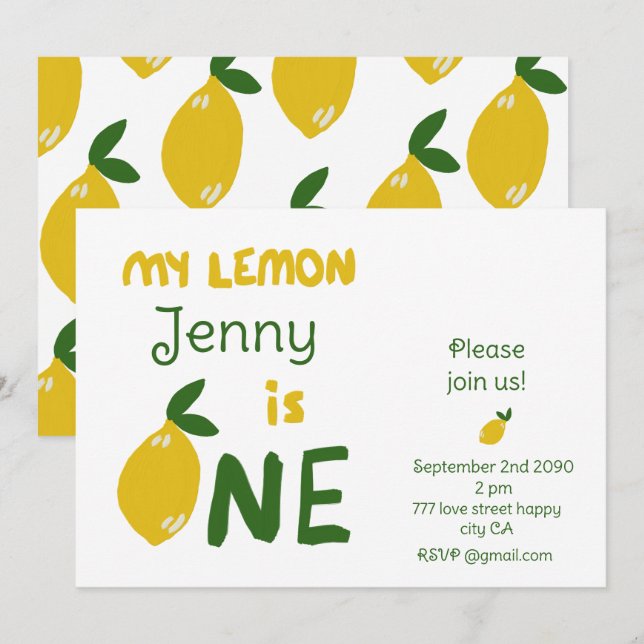 Unique One year old baby birthday lemon cute Invitation (Front/Back)