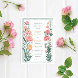 Unique Orange Pink Ranunculus Floral Sides Wedding Invitation