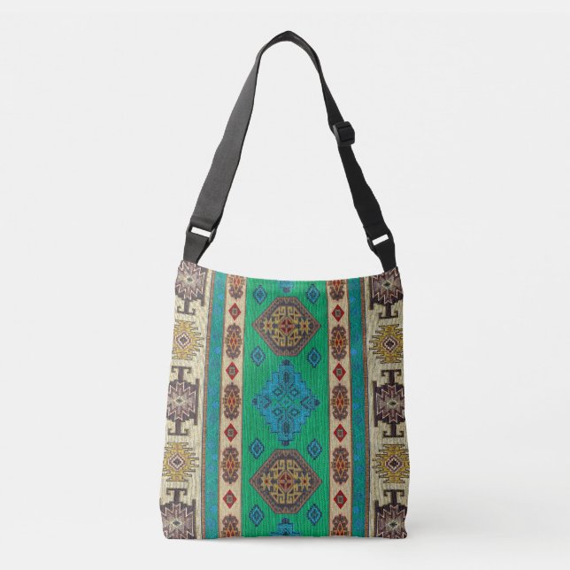 Unique Oriental Antique Rug Green Kilim Crossbody Bag (Front)