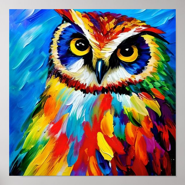 Unique Owl Digital Art Colourful Watercolor Art Poster (Front)