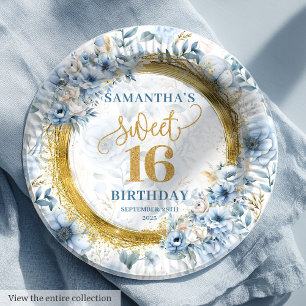Unique Pastel Blue Sweet Sixteen Gold Glitter Paper Plate