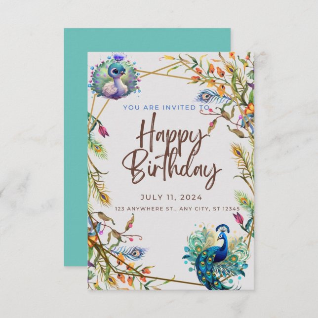 Unique Peacock Patina birthday  Invitation (Front/Back)