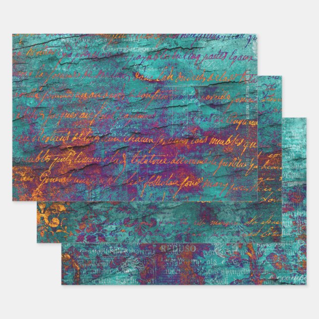 Unique peacock teal, magenta, purple blue texture wrapping paper sheet (Set)