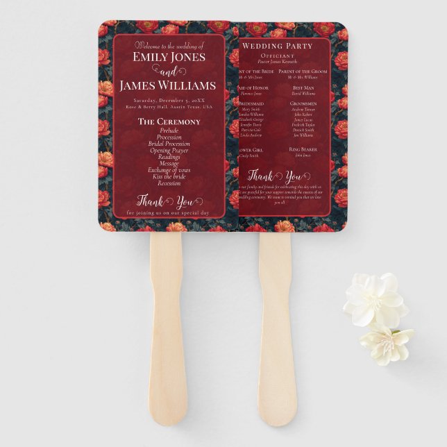 Unique Peony Fantasy Seaside Wedding Program Hand Fan (Front and Back)