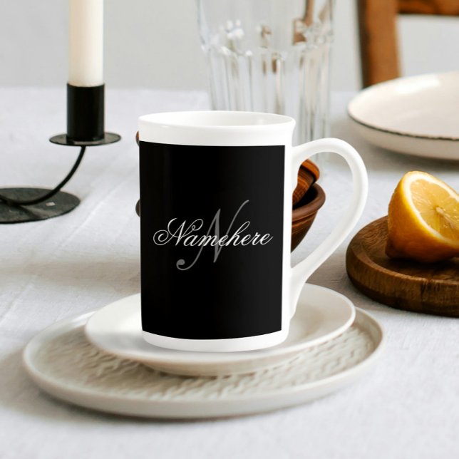 Unique Personalised Black and White Name Monogram Bone China Mug (Creator Uploaded)