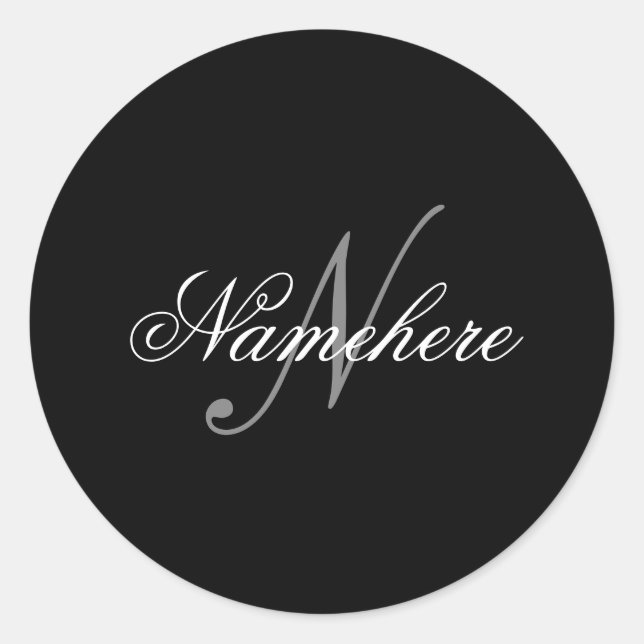 Unique Personalised Black and White Name Monogram Classic Round Sticker (Front)