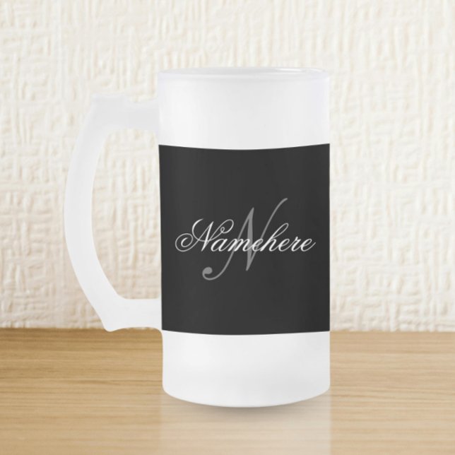 Unique Personalised Black and White Name Monogram Frosted Glass Beer Mug (Creator Uploaded)