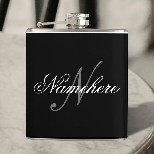 Unique Personalised Black and White Name Monogram Hip Flask (Creator Uploaded)