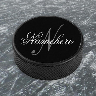 Unique Personalised Black and White Name Monogram Hockey Puck