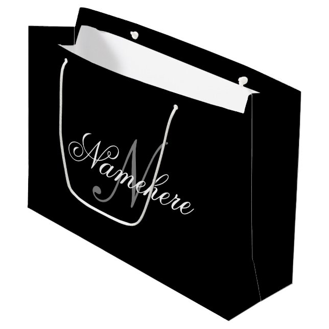 Unique Personalised Black and White Name Monogram Large Gift Bag (Front Angled)
