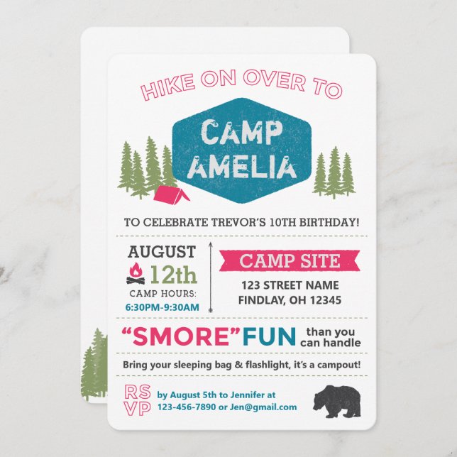 Unique Personalised Camp Name Birthday Party Pink Invitation (Front/Back)