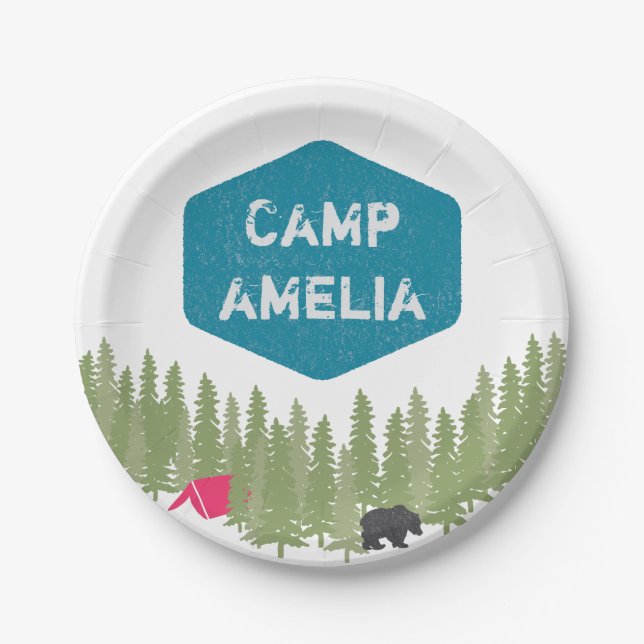 Unique Personalised Camp Name Birthday Party Pink Paper Plate (Front)