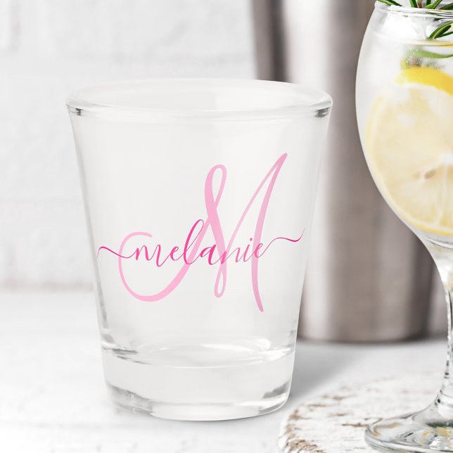 Unique Personalised Monogram Name Script Pink Shot Glass (Creator Uploaded)