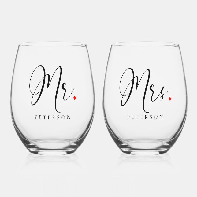 Unique Personalised Mr & Mrs. Rustic Wedding Stemless Wine Glass (Front)
