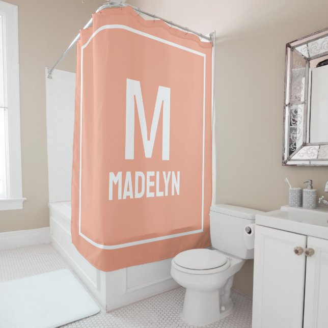 Unique Personalised peach White Name Monogram  Shower Curtain (In Situ)