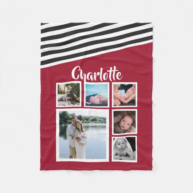 Unique Personalised Red Striped Photo Collage Fleece Blanket (Front)