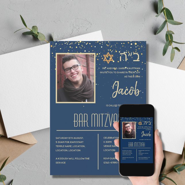 Unique Photo Bar Mitzvah Custom Background Colour  Invitation (Creator Uploaded)