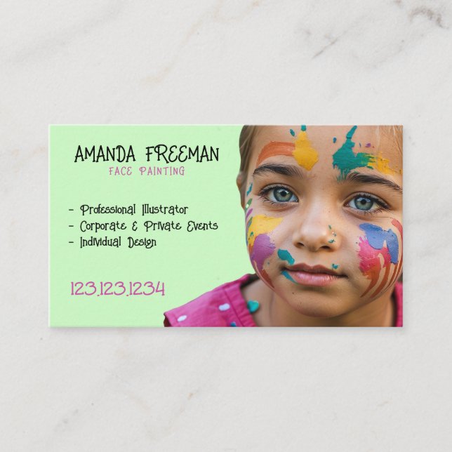 Unique Pink and Green Kids Face Painter Business Card (Front)