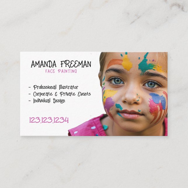 Unique Pink and White Kids Face Painter Business Card (Front)