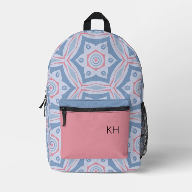 Unique Pink & Blue Mandala Monogram Initials Printed Backpack (Front)