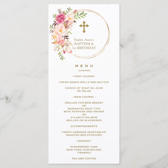 Unique Pink Blush Floral 1st Birthday & Baptism Menu (Front)