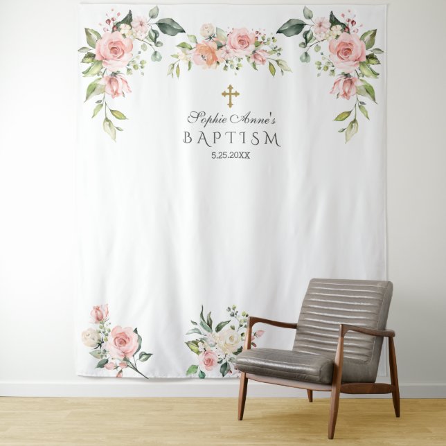 Unique Pink Blush Floral Baptism Photo Prop Tapestry (In Situ)