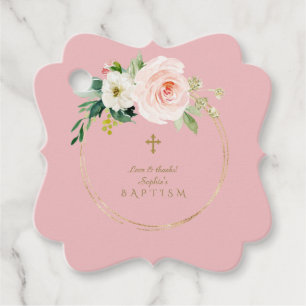 Unique Pink Blush Floral Gold Cross Baptism Favour Tags