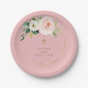 Unique Pink Blush Floral Gold Cross Baptism Paper Plate