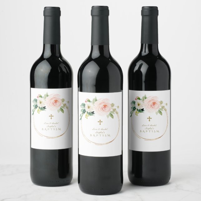 Unique Pink Blush Floral Gold Cross Baptism Wine Label (Bottles)