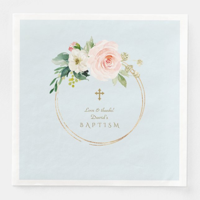 Unique Pink Blush Floral Gold Cross Boy Baptism Napkin (Front)
